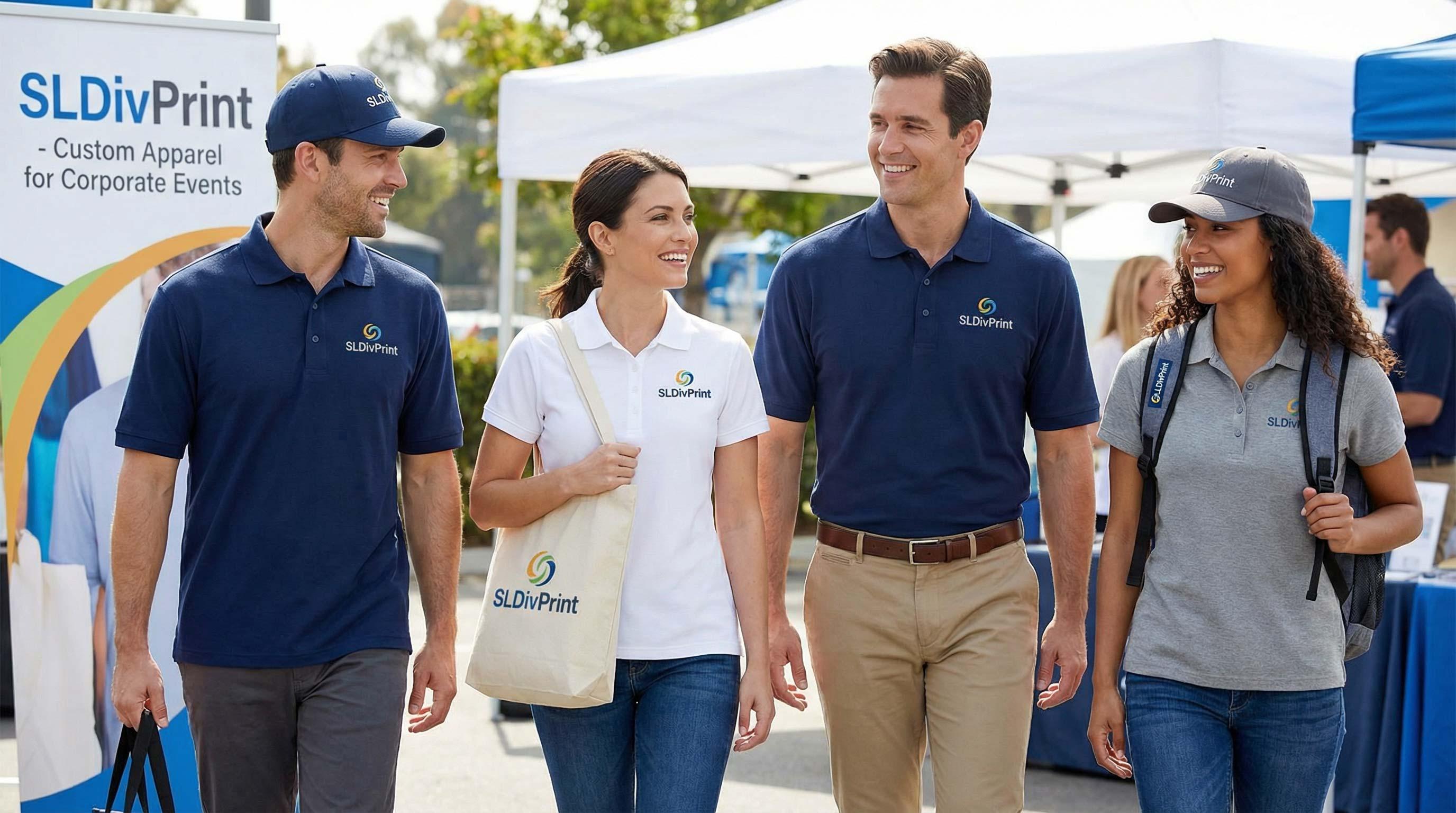 Group of professionals wearing custom branded polo shirts caps and tote bag from SLDivPrint at an outdoor corporate event custom apparel for corporate events custom branded clothing event promotional apparel rush custom apparel embroidered corporate wear