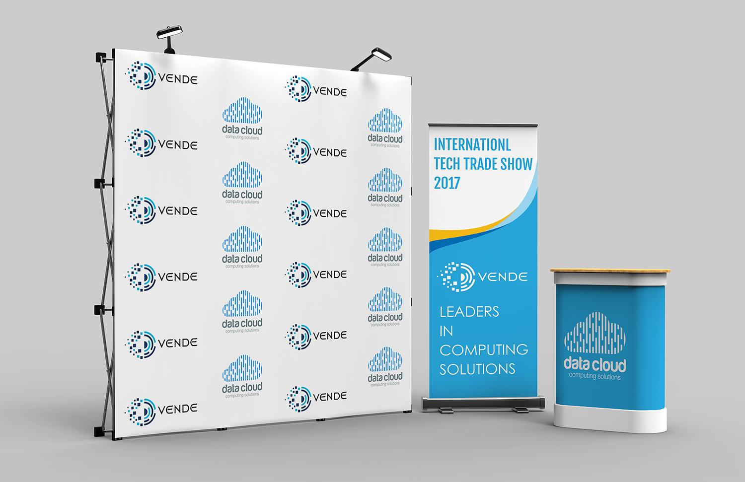 booth05 | SL Diversified Printing Trade show booth backdrop with repeated Vende and data cloud logos plus a tall banner reading International Tech Trade Show 2017