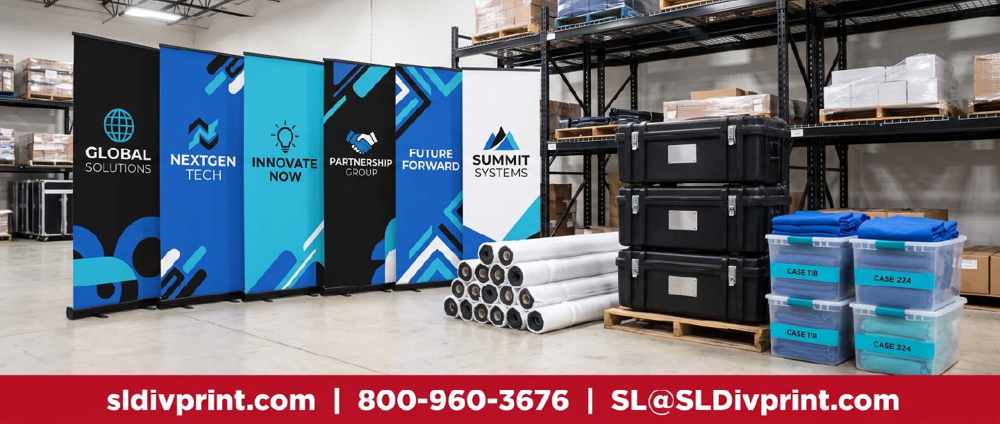 Retractable banner stands rolled backdrops and labeled hard cases staged in a warehouse bay swag warehousing branded merchandise fulfillment trade show item storage marketing products warehousing centralized swag hub arizona merchandise warehouse on demand swag fulfillment tech company swag storage quality swag warehousing merchandise warehousing and fulfillment